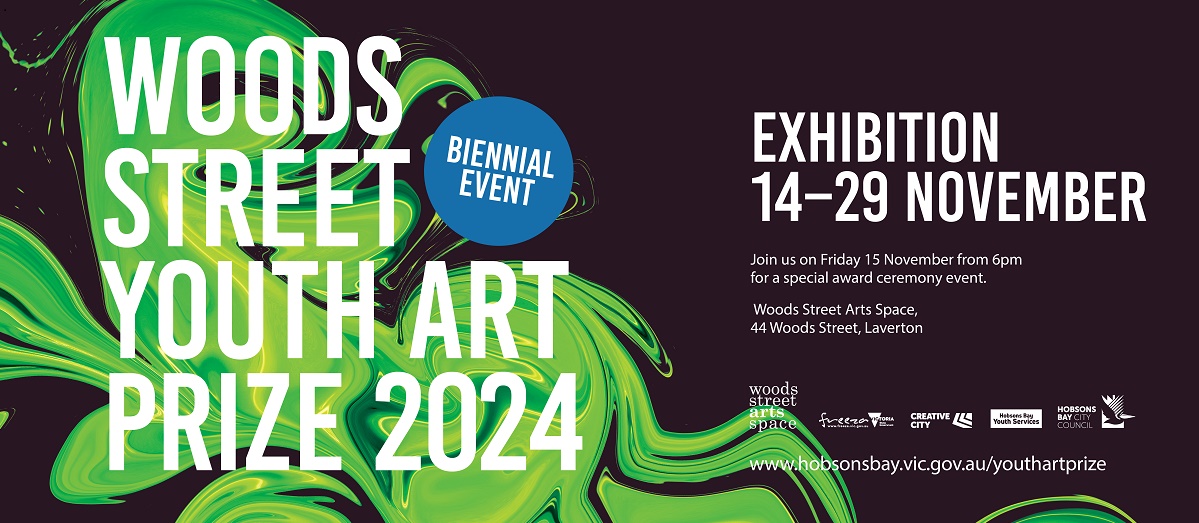 Woods Street Youth Art Prize 2024 in bold white text on green and black swirling background